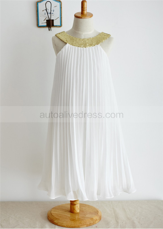 Gold Sequin Collar Ivory Pleated Chiffon Tea Length Flower Girl Dress Gold Sequin Collar Ivory Pleated Chiffon Tea Length Flower Girl Dress